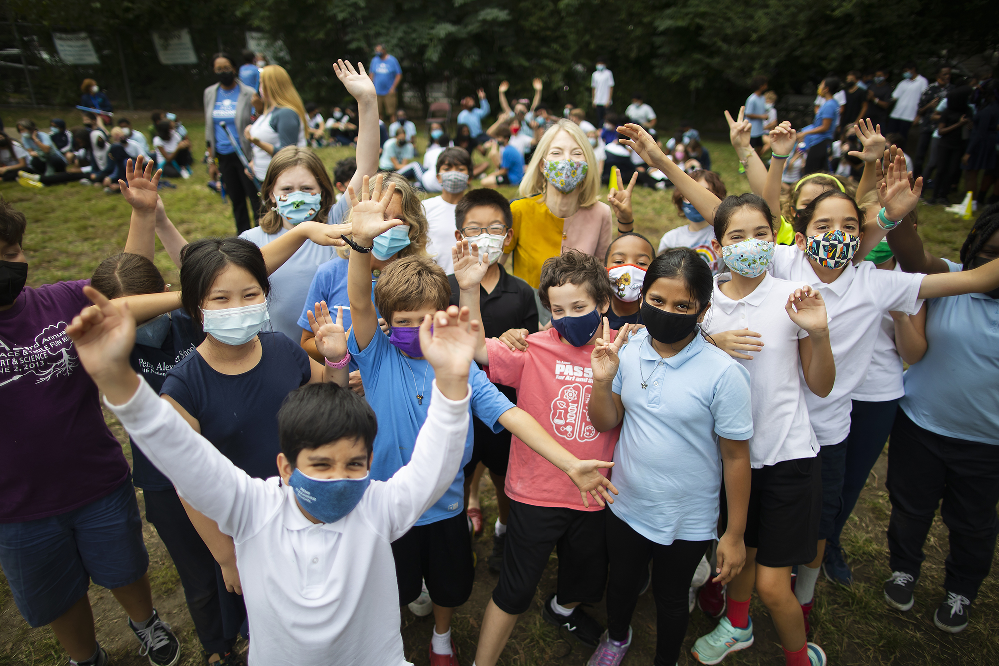 Penn President Amy Gutmann with Penn Alexander K-2 students celebrating receiving the National Blue Ribbon award.