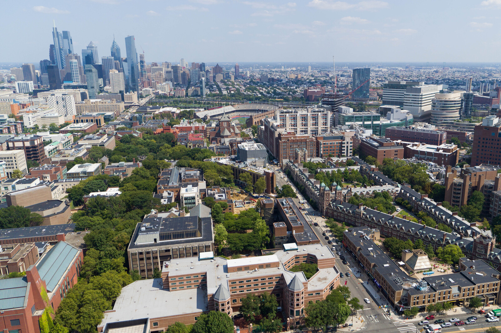 An aeriel view of campus looking east toward Philadelphia 