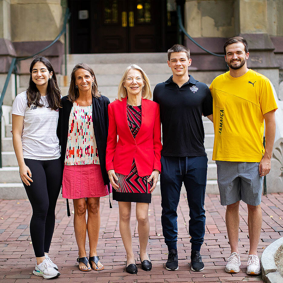 Penn President Amy Gutmann and Penn Athletics Director Alanna Shanahan met with three Penn students who competed in the 2020 Summer Olympics in Tokyo in Summer, 2021